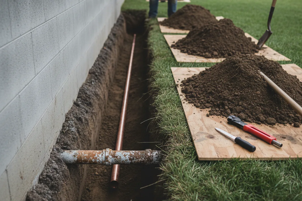 Excavated water line trench during Sewer Line Repair in Christiansburg